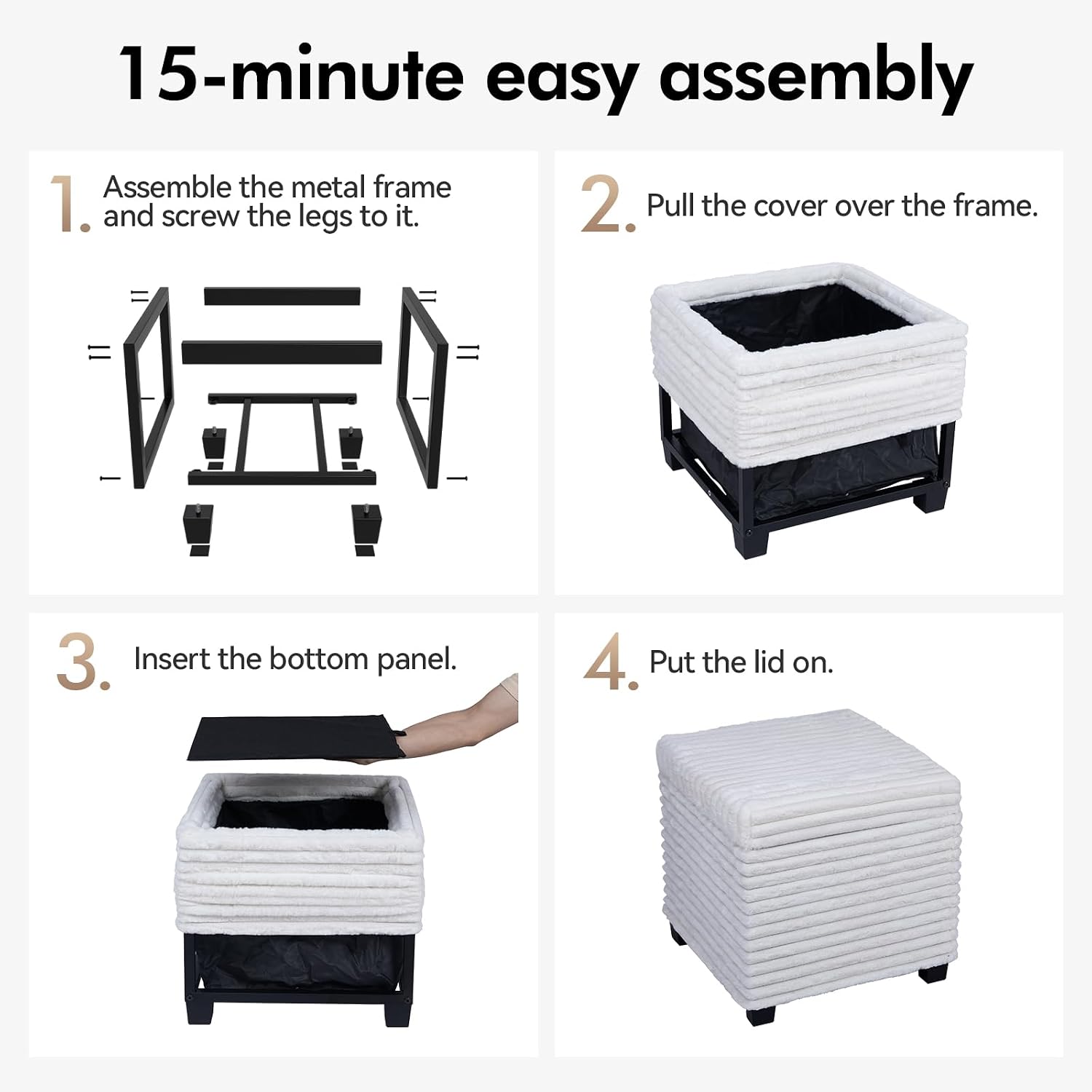 ABHENG 17.7 inches Faux Fur Ottomans Cube with Legs, Metal Framed Vanity Stool Chair Storage Ottoman Foot Rest Stool, Holds 770 LB for Dorm Living Room Bedroom White UASND644W