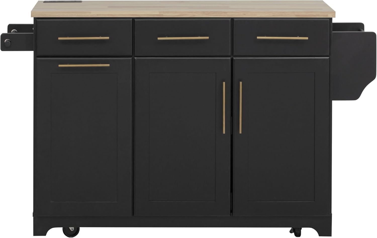 Merax 59.3" Black Kitchen Island with Storage, 2 Pull Out Cabinet Organizers & Rubber Wood Drop Leaf, Rolling Island Table with Trash Can Storage, Power Outlet, Spice & Towel Rack for Kitchen Dining