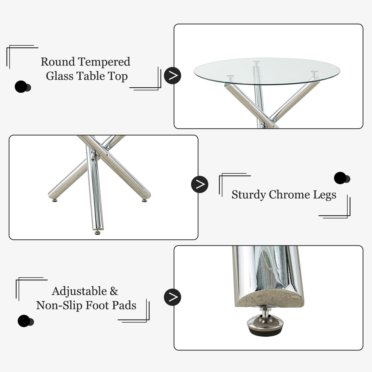 Round Glass Dining Room Table for 2-3, Modern Tempered Glass Top, Sturdy Chrome Legs, Adjustable Foot Pads, Kitchen Table for Living Room, Dining Room, Tea, Home, 35.5 Inch, Round Silver Base