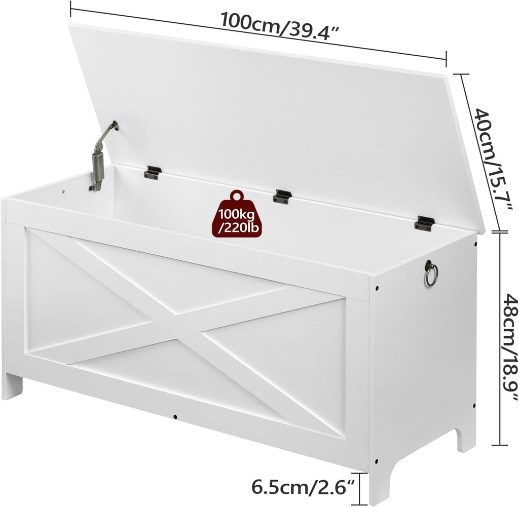 MAHANCRIS 39.4" Toy Chest, Sturdy Entryway Storage Chest with Safety Hinges, Retro Toy Box, Wooden Look Accent Furniture for Living Room, Bedroom, White SCWT48101Z1