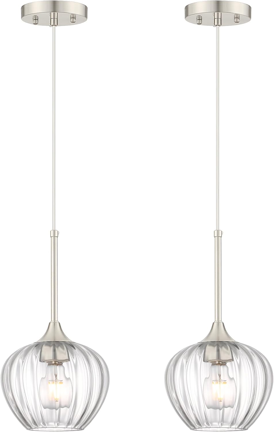 2-Pack Glass Pendant Lights Kitchen Island, 7.7" Modern Brushed Nickel Pendant Lighting Small Hanging Light Fixtures for Kitchen, Dining Room, Bathroom, Bedroom