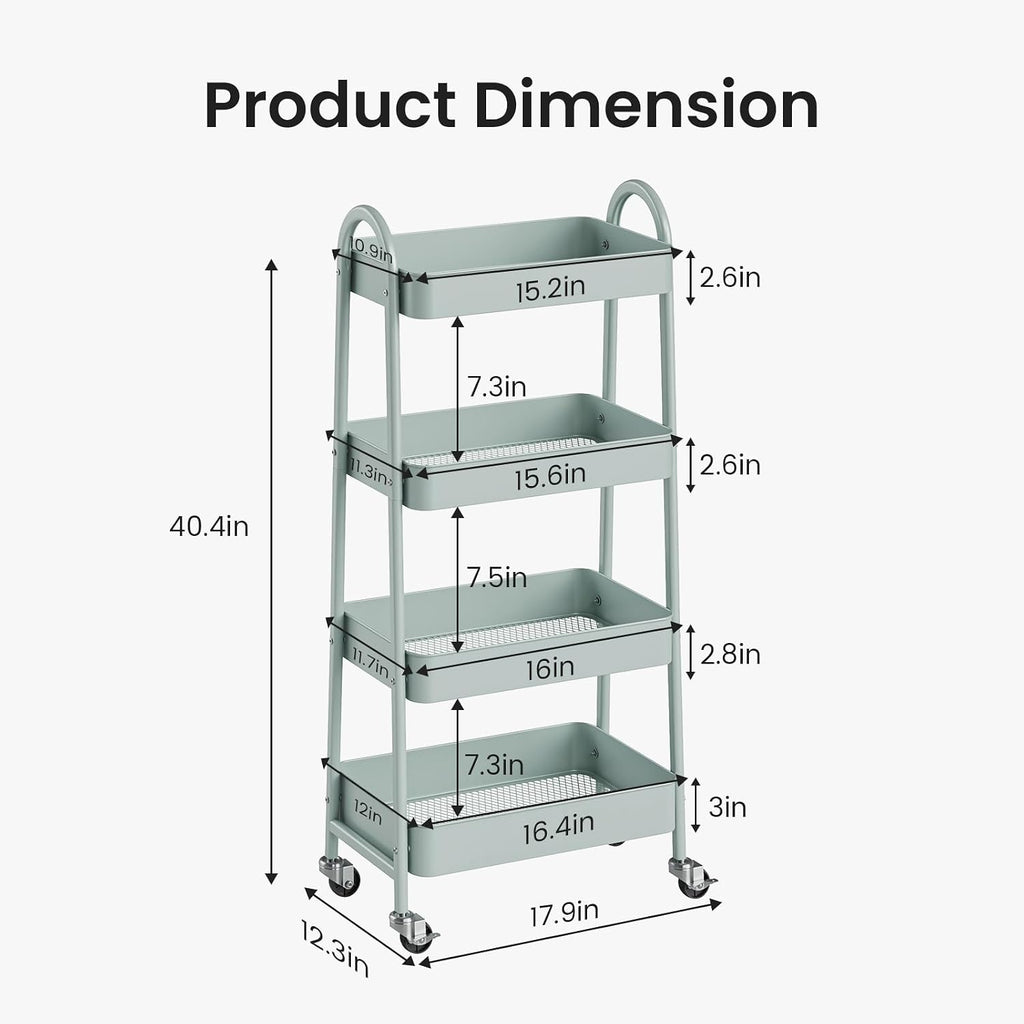 DUMOS 4 Tiers Metal Rolling Utility Cart with Lockable Wheels, Mobile Storage Organizer, Utility Shelving Unit for Kitchen, Office, Bathroom, Laundry, Narrow Places, Light Green