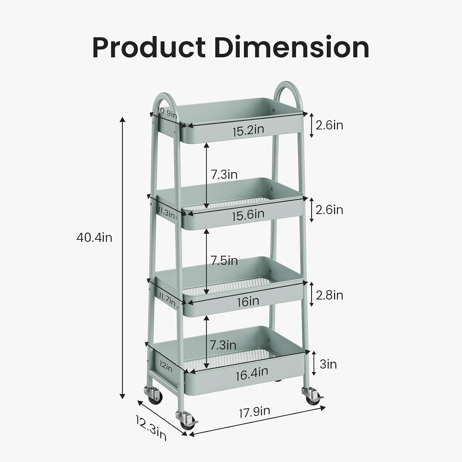 DUMOS 4 Tiers Metal Rolling Utility Cart with Lockable Wheels, Mobile Storage Organizer, Utility Shelving Unit for Kitchen, Office, Bathroom, Laundry, Narrow Places, Light Green