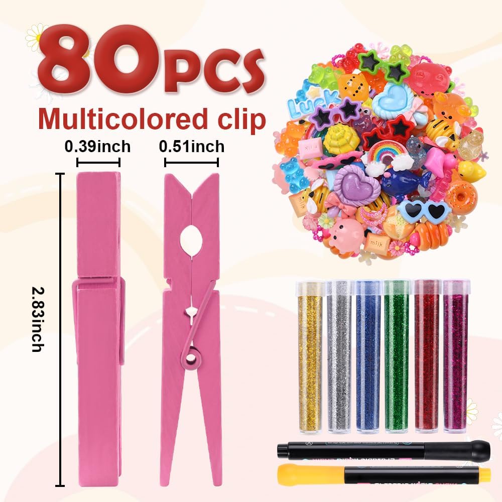 JOICEE 80PCS Cheer Pins Spirit Clips,80 Colored Wooden Clothes Pins 126 Mini Resin Animals Bows Daisy and Stickers Pen 300 Beads Pearls for Backpacks Ribbon Team Classroom Cheer Gifts Bulk