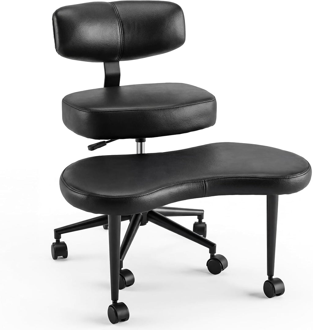 Ergonomic Cross Legged Office Chair with Adjustable Backrest and Seat, 360° Swivel Meditation PU Leather Yoga Stool Desk Chair for ADHD with Footrest, 350lbs Capacity, Black