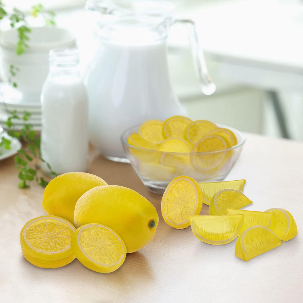 Woration 20 Pack Simulation Lemon & Slices Blocks Set, Artificial Plastic Lemon Slice Lifelike Fake Lemon Decor Fake Fruit for Wedding Photography Prop Party Display