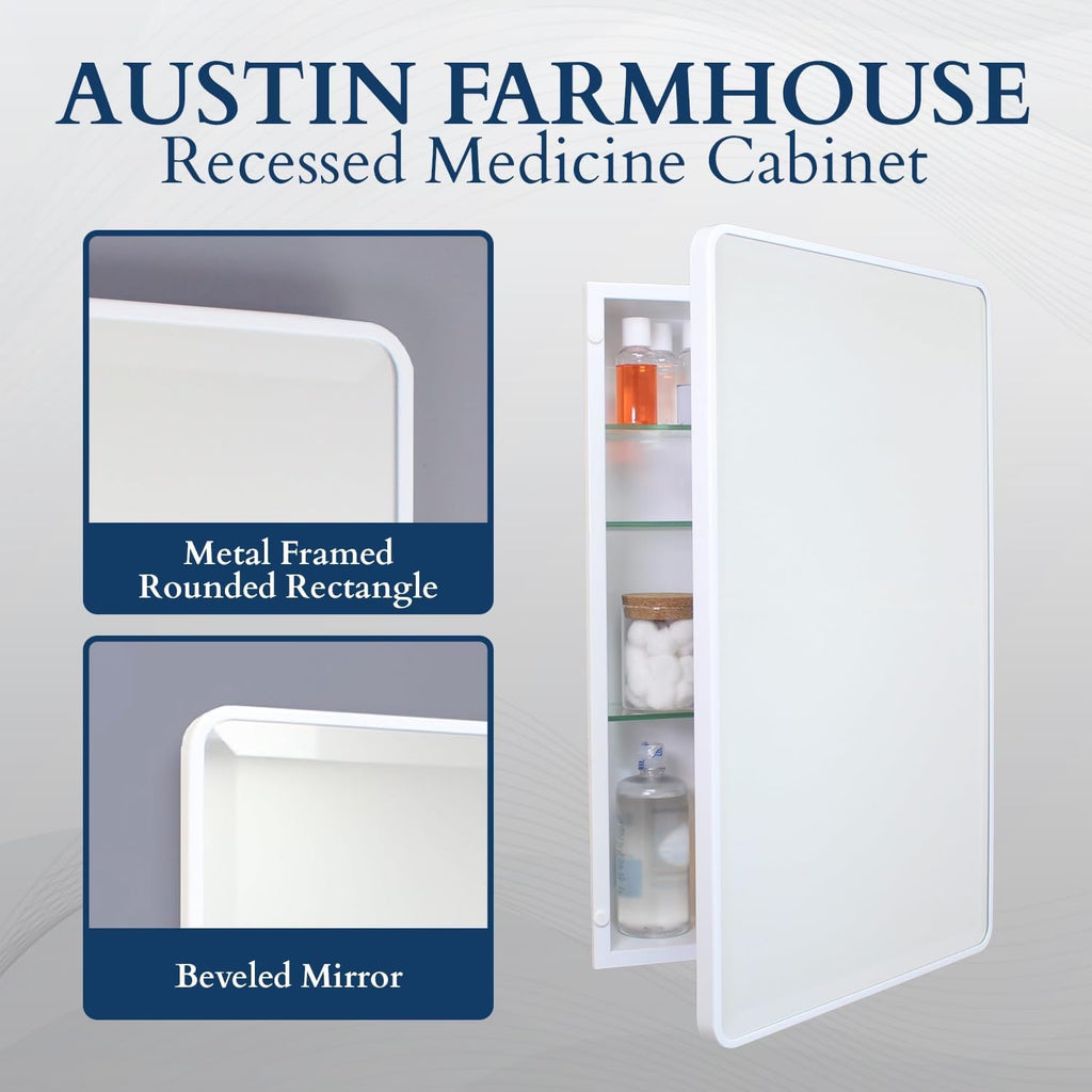 16x26 Austin Farmhouse Metal Framed Rounded Rectangle Recessed Bathroom Medicine Cabinet, Beveled Mirror, 14x24 in-Wall Opening, powder-coated Steel, Adjustable Glass Shelves, Magnet Close, Black