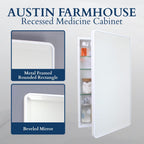 16x26 Austin Farmhouse Metal Framed Rounded Rectangle Recessed Bathroom Medicine Cabinet, Beveled Mirror, 14x24 in-Wall Opening, powder-coated Steel, Adjustable Glass Shelves, Magnet Close, Black