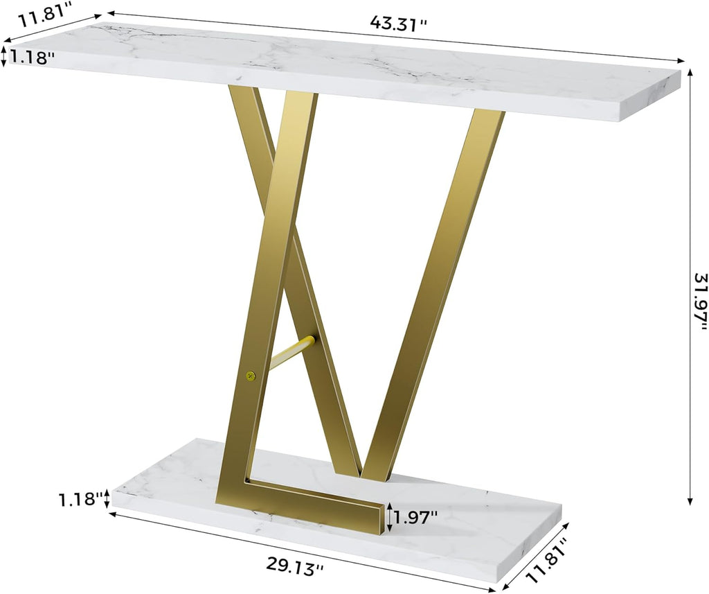 43.3" Gold Console Table, Modern Entryway Table with White Faux Marble Top & Metal Base, Narrow Sofa Table for Living Room, Hallway, Foyer