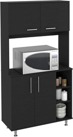 Kitchen Pantry Cabinet, 3 Shelves, Double Door & Open Rack - Black