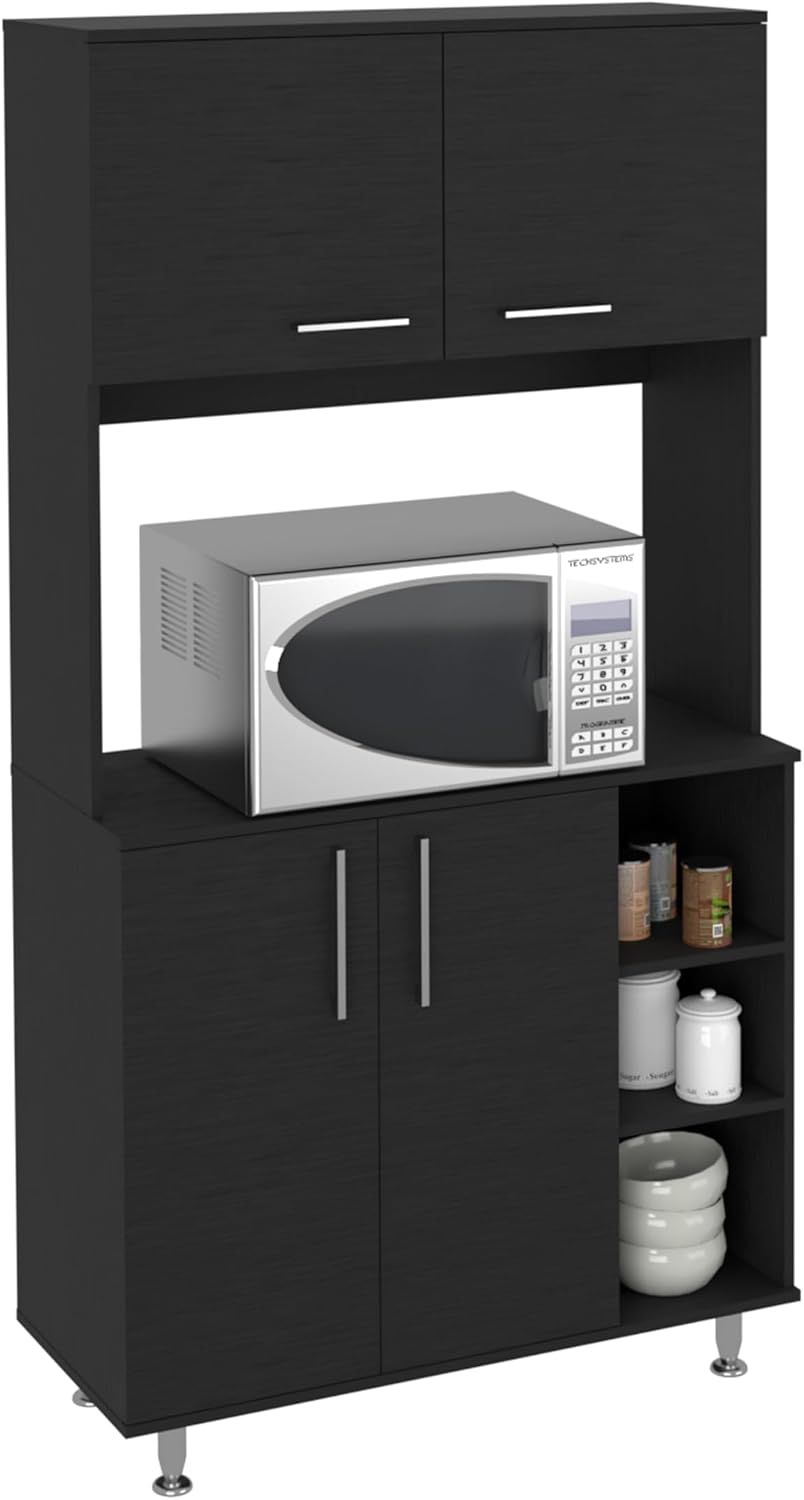 Kitchen Pantry Cabinet, 3 Shelves, Double Door & Open Rack - Black