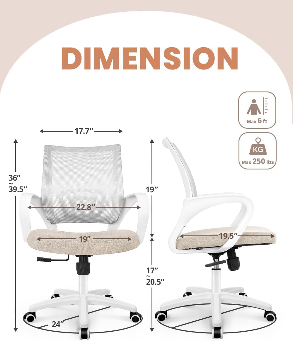 NEO CHAIR Office Desk Computer Chair Ergonomic Mesh Gaming Cushion Seat with Comfy Lumbar Mid Back Support Adjustable Height Swivel Rolling Wheels for Home Task (Beige)