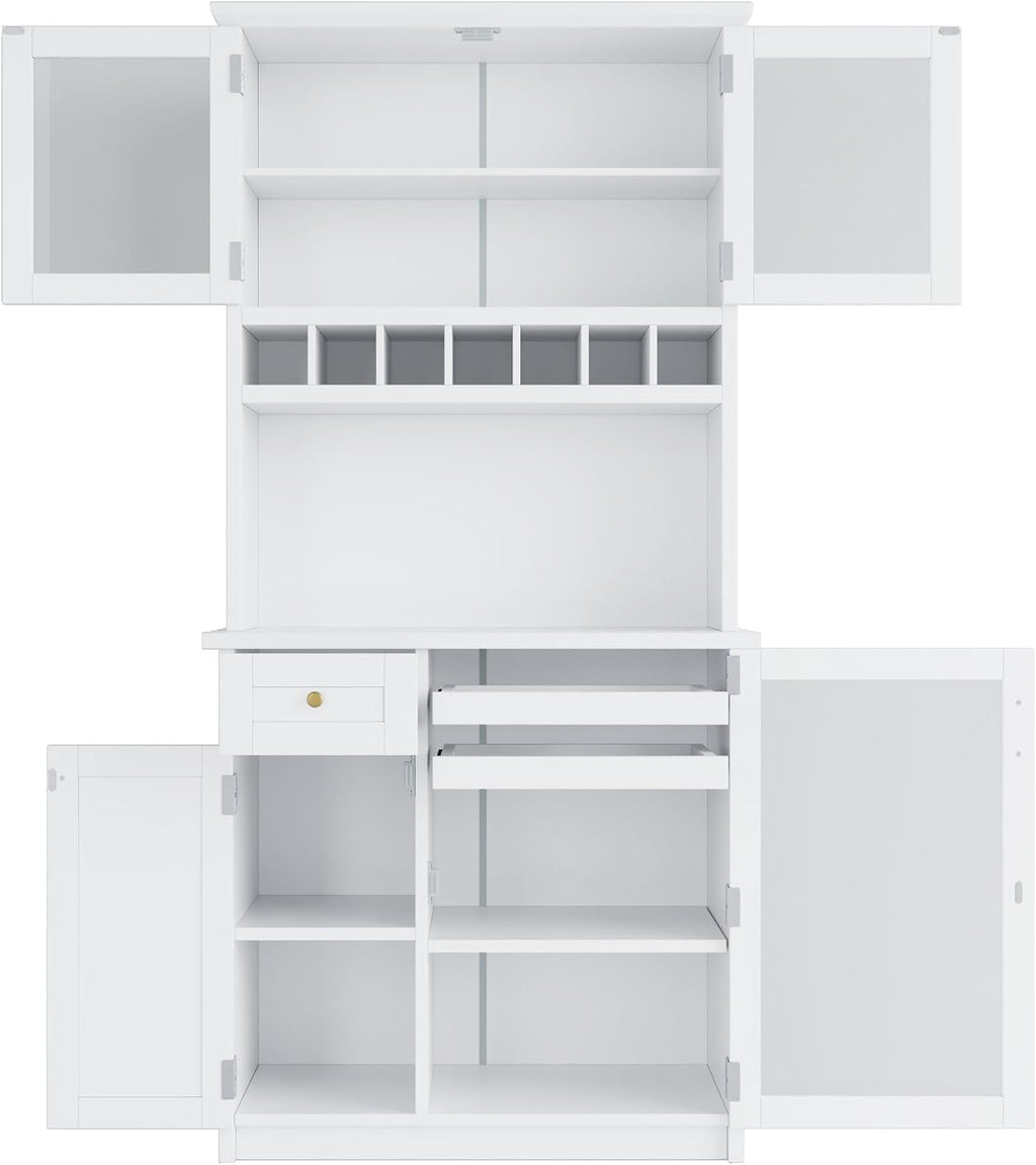 LUMISOL Farmhouse Kitchen Pantry Cabinet with Wine Rack, Freestanding Buffet with Hutch and Adjustable Shelves, Kitchen Hutch with Pull-Out Bottle Trays for Dining Room, 35.4x17.7x74.8 in, White