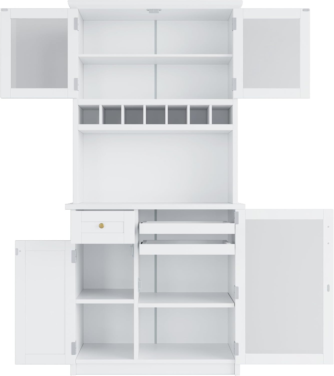 LUMISOL Farmhouse Kitchen Pantry Cabinet with Wine Rack, Freestanding Buffet with Hutch and Adjustable Shelves, Kitchen Hutch with Pull-Out Bottle Trays for Dining Room, 35.4x17.7x74.8 in, White