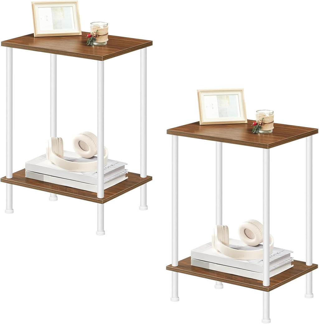 HOOBRO End Tables Set of 2, Small Side Table, Nightstand with 2-Layer Storage Shelves, Sofa Table for Small Spaces, Living Room, Bedroom, Stable Frame, Easy Assembly, Walnut and White WH09BZP201
