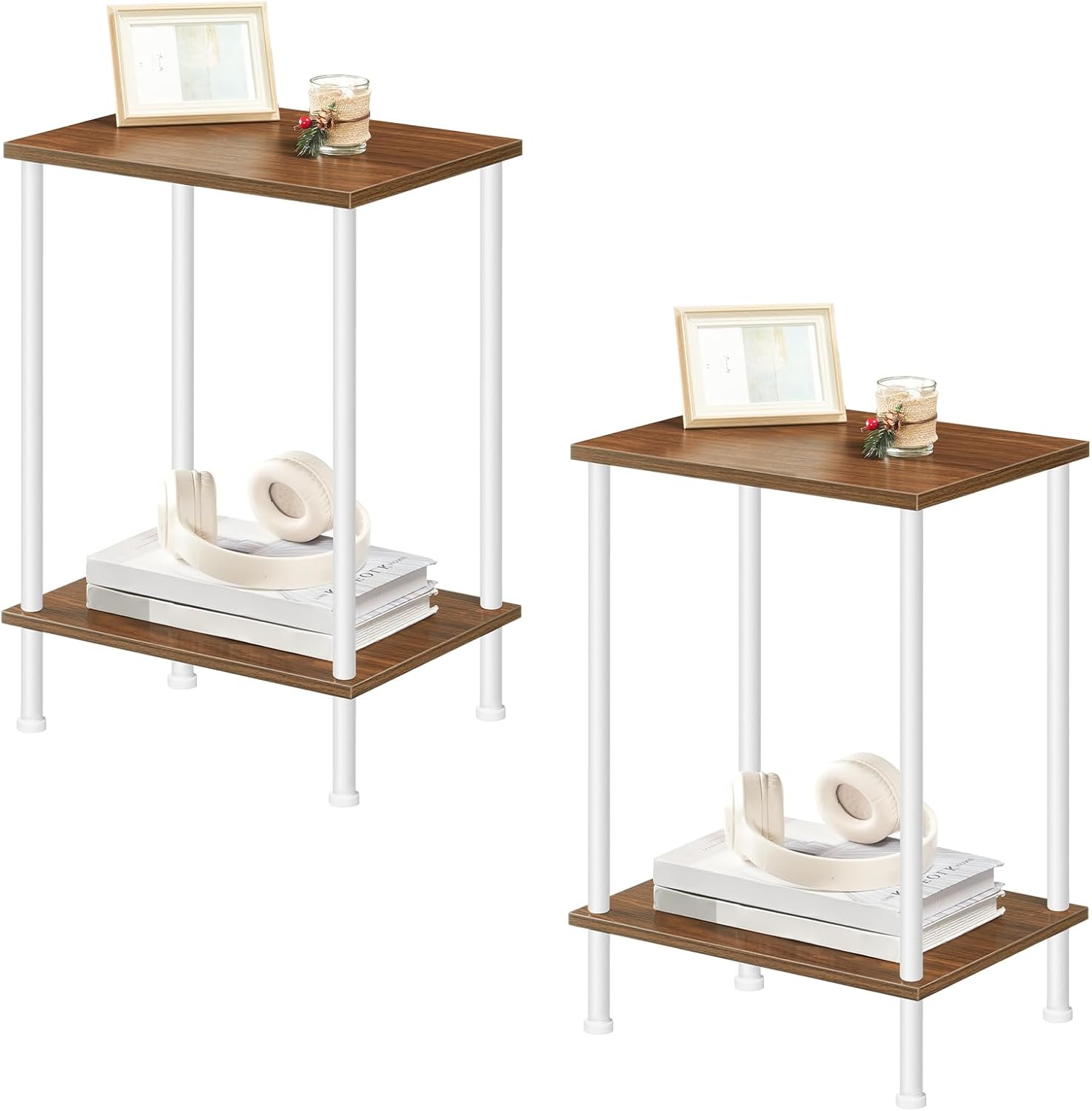 HOOBRO End Tables Set of 2, Small Side Table, Nightstand with 2-Layer Storage Shelves, Sofa Table for Small Spaces, Living Room, Bedroom, Stable Frame, Easy Assembly, Walnut and White WH09BZP201