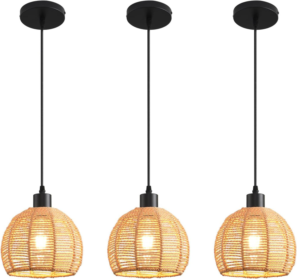 Woven Pendant Light Boho Chandelier, Rattan Pendant Lights Kitchen Island, Farmhouse Pendant Lighting with Hand Woven Wicker Shade, Boho Chandelier Light Fixtures Ceiling Hanging Light