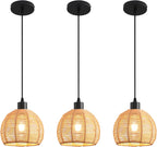 Woven Pendant Light Boho Chandelier, Rattan Pendant Lights Kitchen Island, Farmhouse Pendant Lighting with Hand Woven Wicker Shade, Boho Chandelier Light Fixtures Ceiling Hanging Light