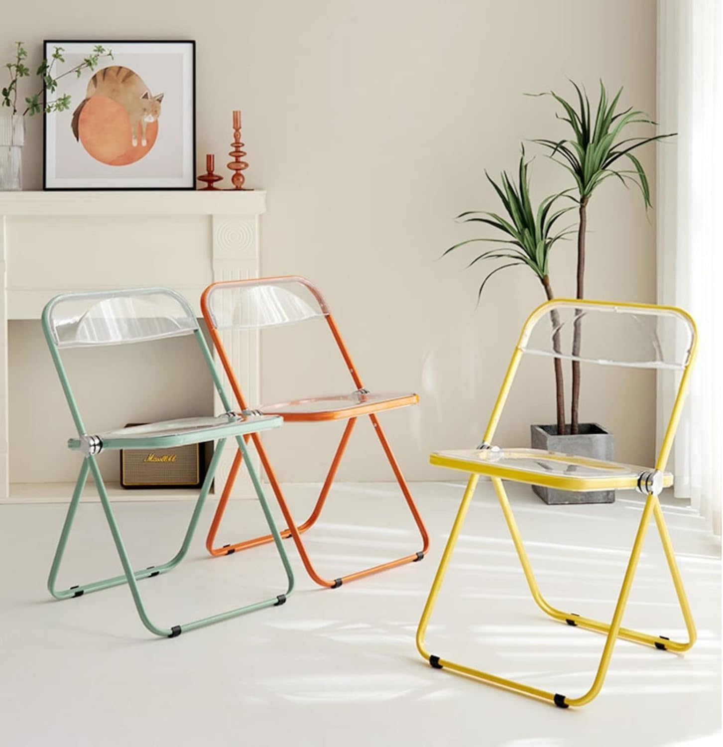 Modern Clear Acrylic Folding Chairs Transparent Plastic Construction for Living Room Unique Style Green Seat(Red)