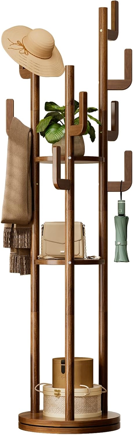 Rotary Coat Rack Freestanding, Solid Wood Coat Tree with 9 Hooks & 3 Storage Shelves for Purse Bag Hat Jacket, Corner Hanger Stand for Entryway Hallway Office Bedroom