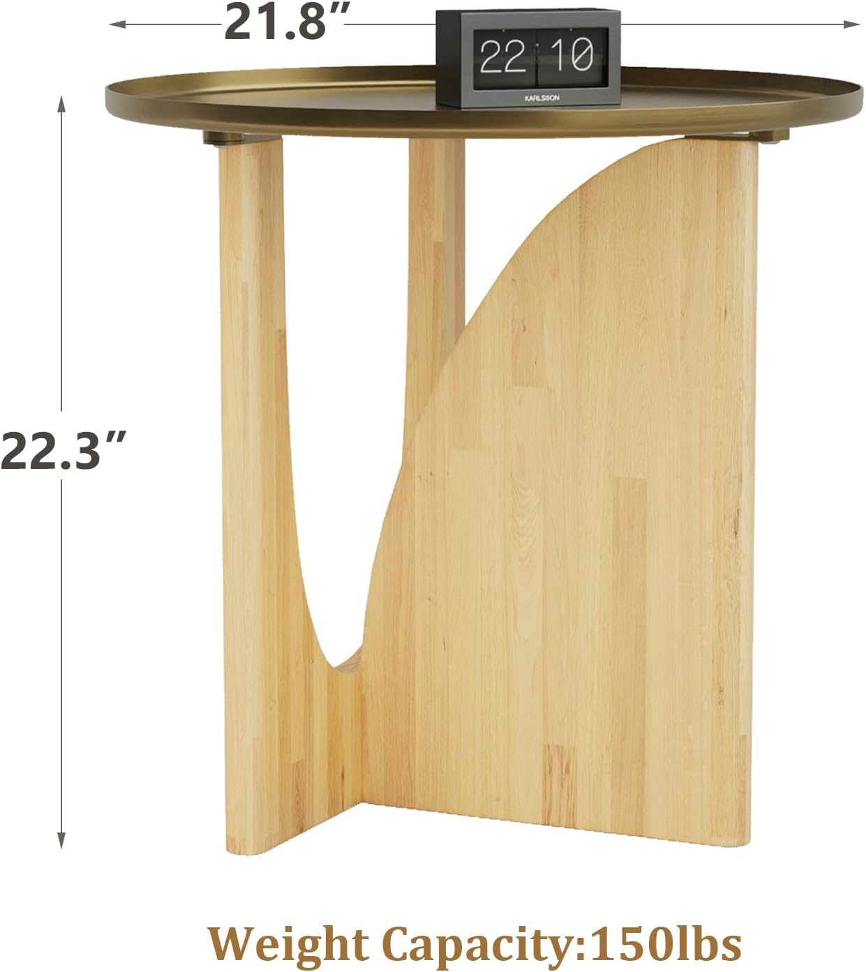 ACEDÉCOR Round Side Table, Solid Wood End Table with Brushed Gold Metal Tray Top, Modern Side Table for Living Room Bedroom Small Space