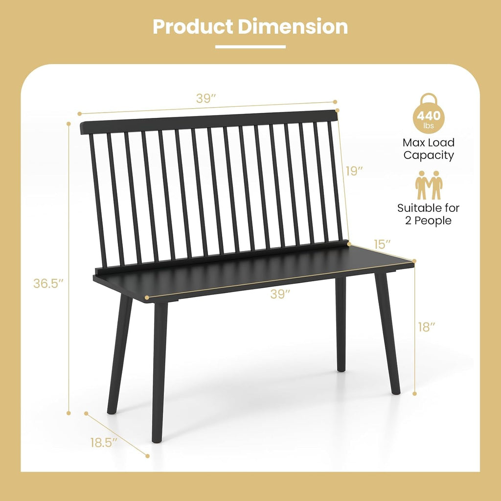 Giantex Dining Bench with Back, Black Windsor Bench with Spindle Back & Anti-Slip Foot Pads, Farmhouse Rubber Wood Dining Bench, Indoor Wooden Entryway Bench for Living Room, Dining Room, Hallway