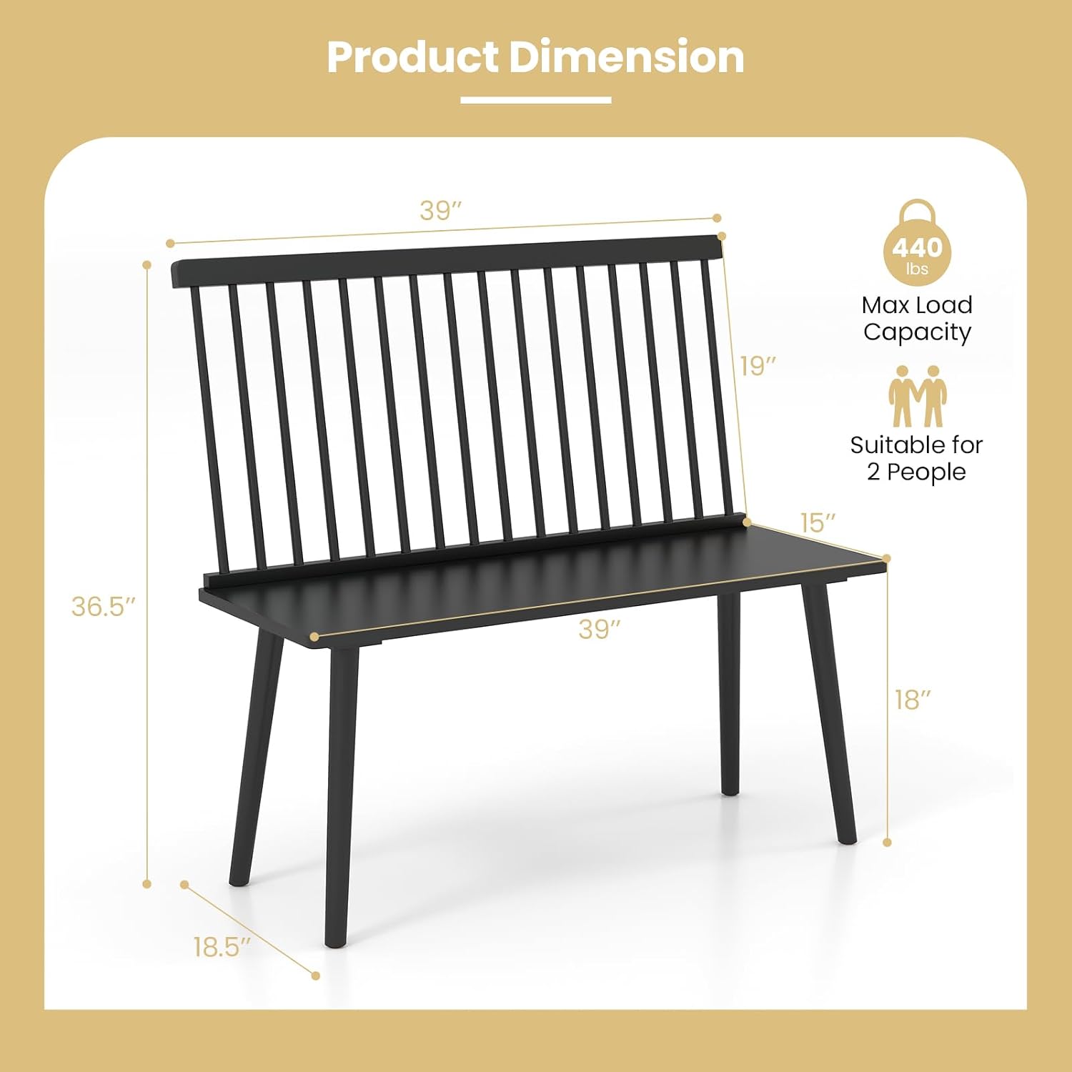 Giantex Dining Bench with Back, Black Windsor Bench with Spindle Back & Anti-Slip Foot Pads, Farmhouse Rubber Wood Dining Bench, Indoor Wooden Entryway Bench for Living Room, Dining Room, Hallway