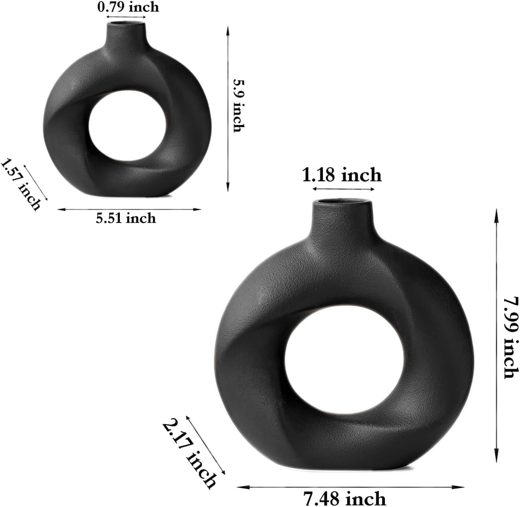 Black Ceramic Vase Set of 2,Matte Modern Nordic Boho Home Decor for Living Room,Bedroom,Wedding Table