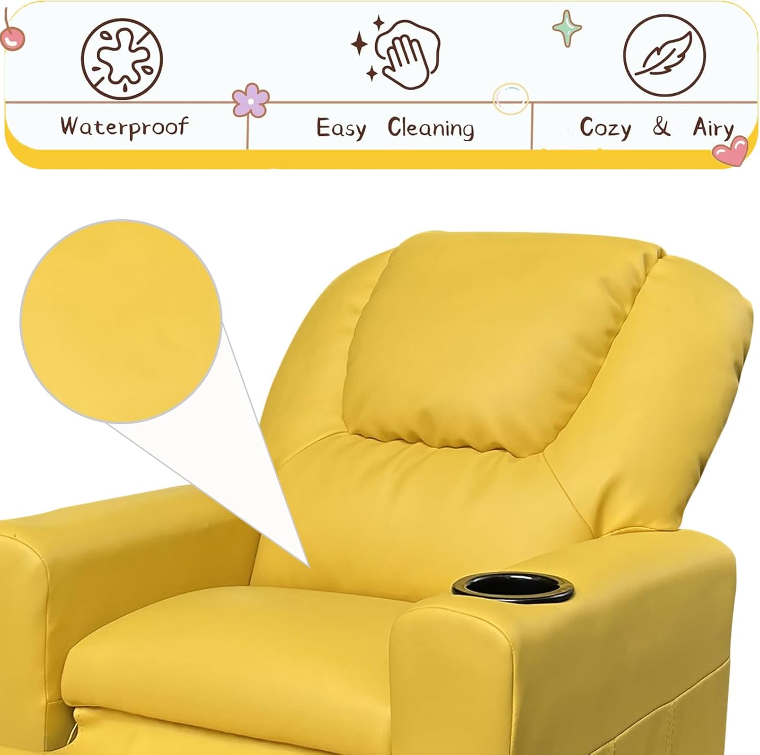 Kids Recliner Chair w/ Cup Holder, Toddler Recliner Chair Ages 1-4, 2-in-1 PU Leather Single Sofa for Boys/Girls, Kids Lazy Boy Chairs, Upholstered Armchair, Adjustable Backrest & Footrest (Yellow)