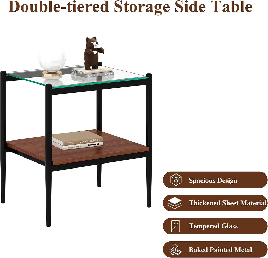 Set of 2 Rectangle End Tables, Tempered Glass Top Nightstands with MDF Shelf, Metal Frame Accent Furniture for Living Room, Bedroom, Sofa Side, Small Space, Apartment,Office Decor (Black+Transparent)