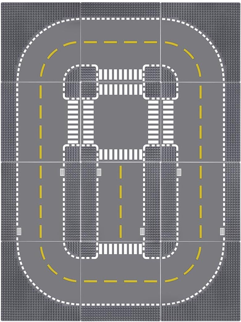 Lekebaby 12 Pack Road Base Plates 10x10 City Street Baseplates, 4 Curve / 4 T Junction / 3 Straight / 1 Junction, Compatible with Major Brands
