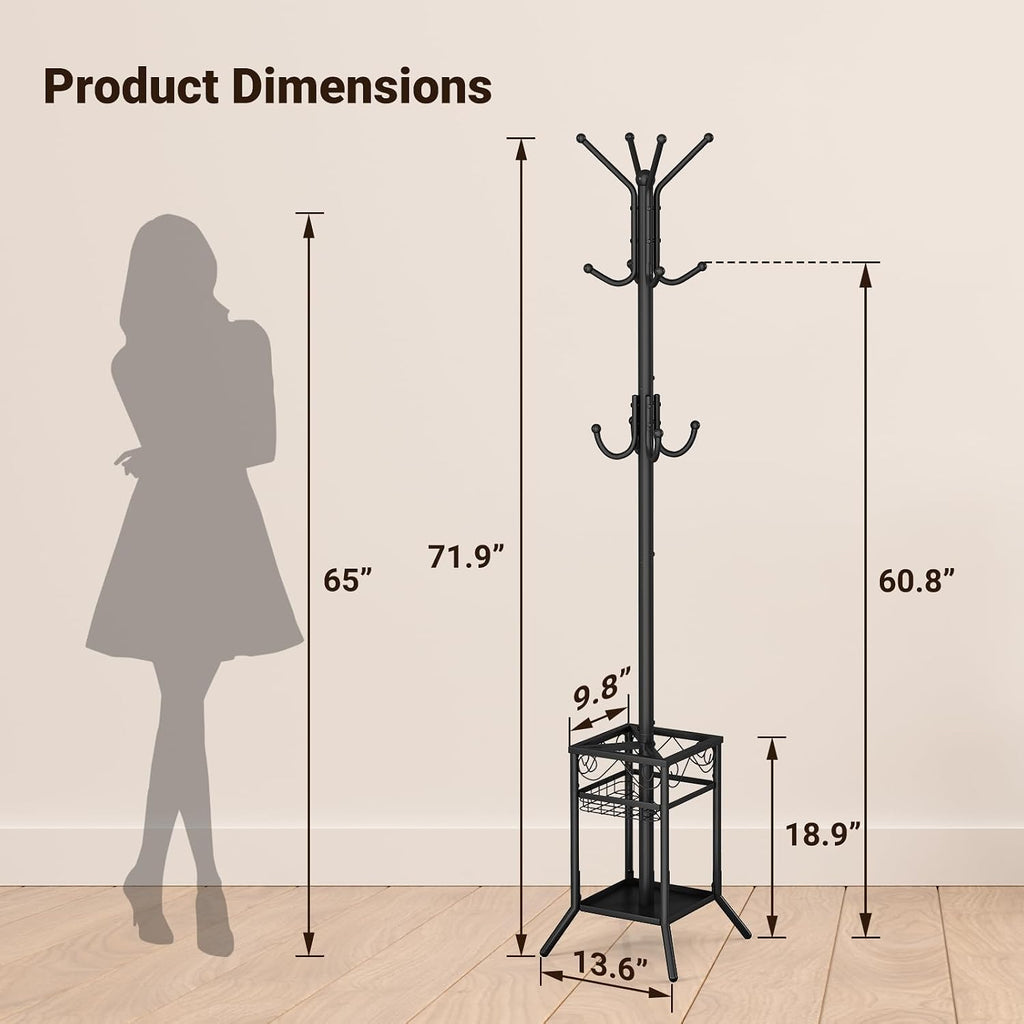 ELYKEN Coat Rack Freestanding, Metal Coat Rack with Umbrella Holder | 12 Hooks, Square Base, Heavy Duty Floor Standing Coat Tree for Entryway, Hallway, Living Room, Bedroom, Office, Black