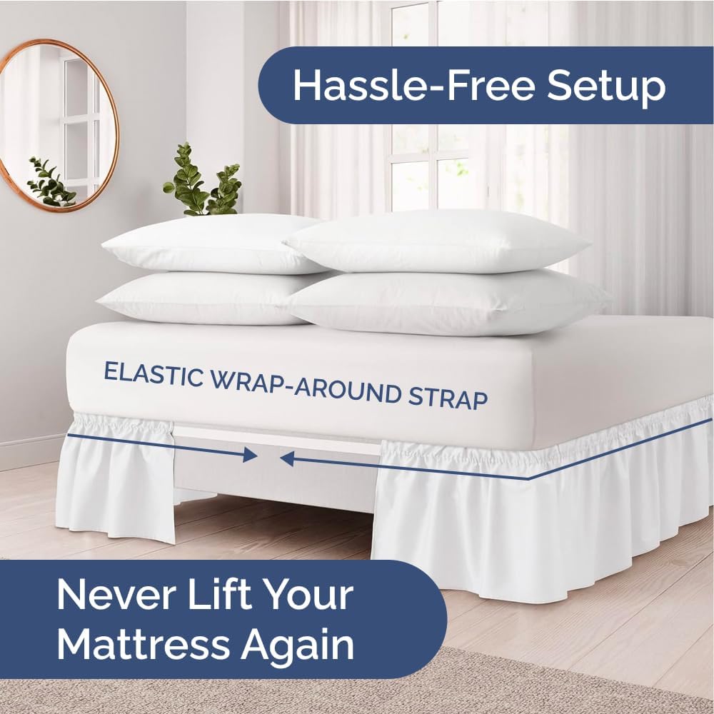 Wrap Around Dust Ruffle Bed Skirt - White - for Queen Size Beds with 12 Inch Drop - Easy Fit Elastic Strap - Adjustable Pleated Bedskirt w/Brushed Fabric - Wrinkle Free - for Women, Men, Kids & Teens