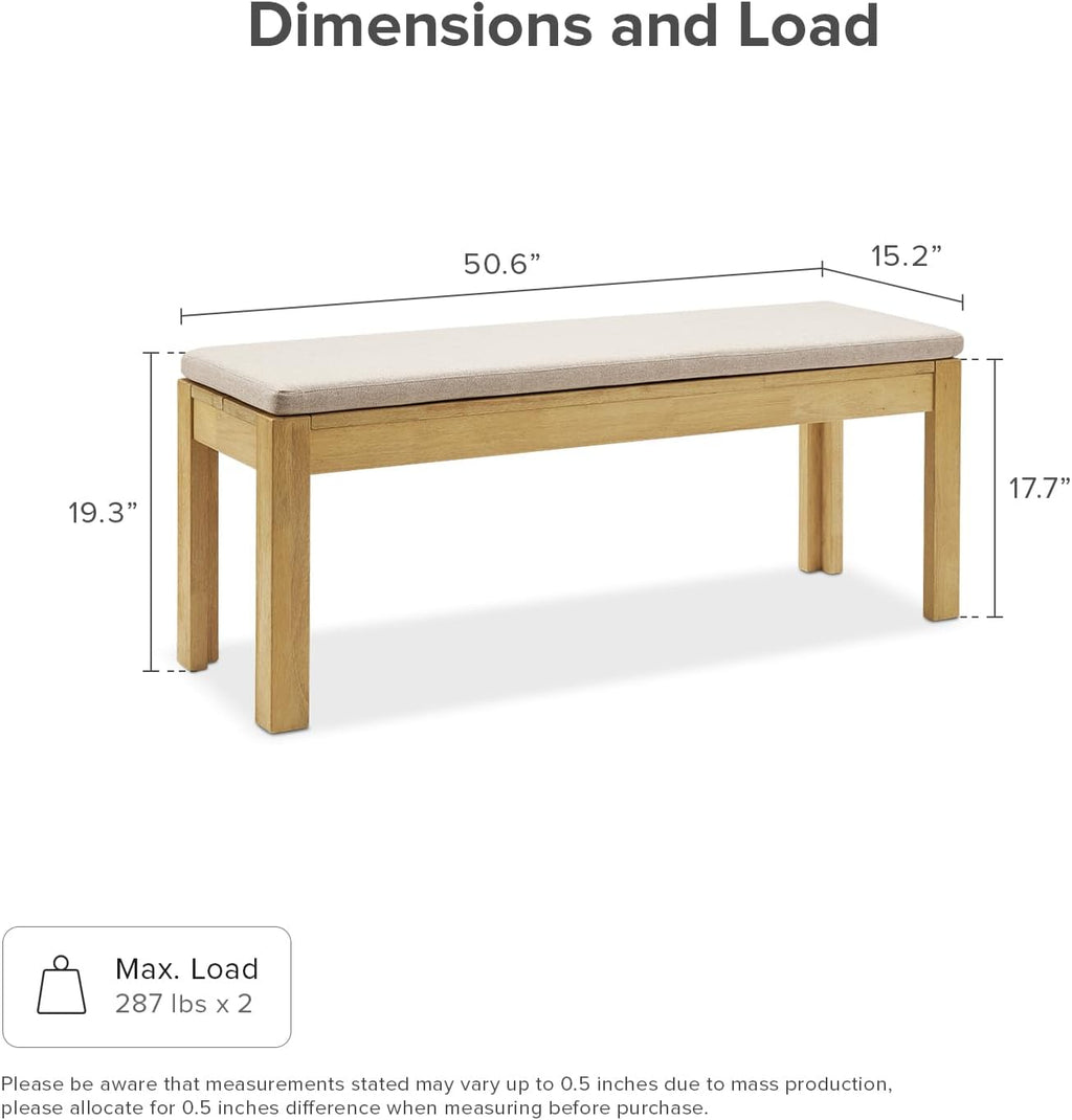 mopio Logan Upholstered Beige Dining Bench, Modern Farmhouse Solid Wood with Light Wire Brush for Dining Room and Kitchen (50" Dining Bench)