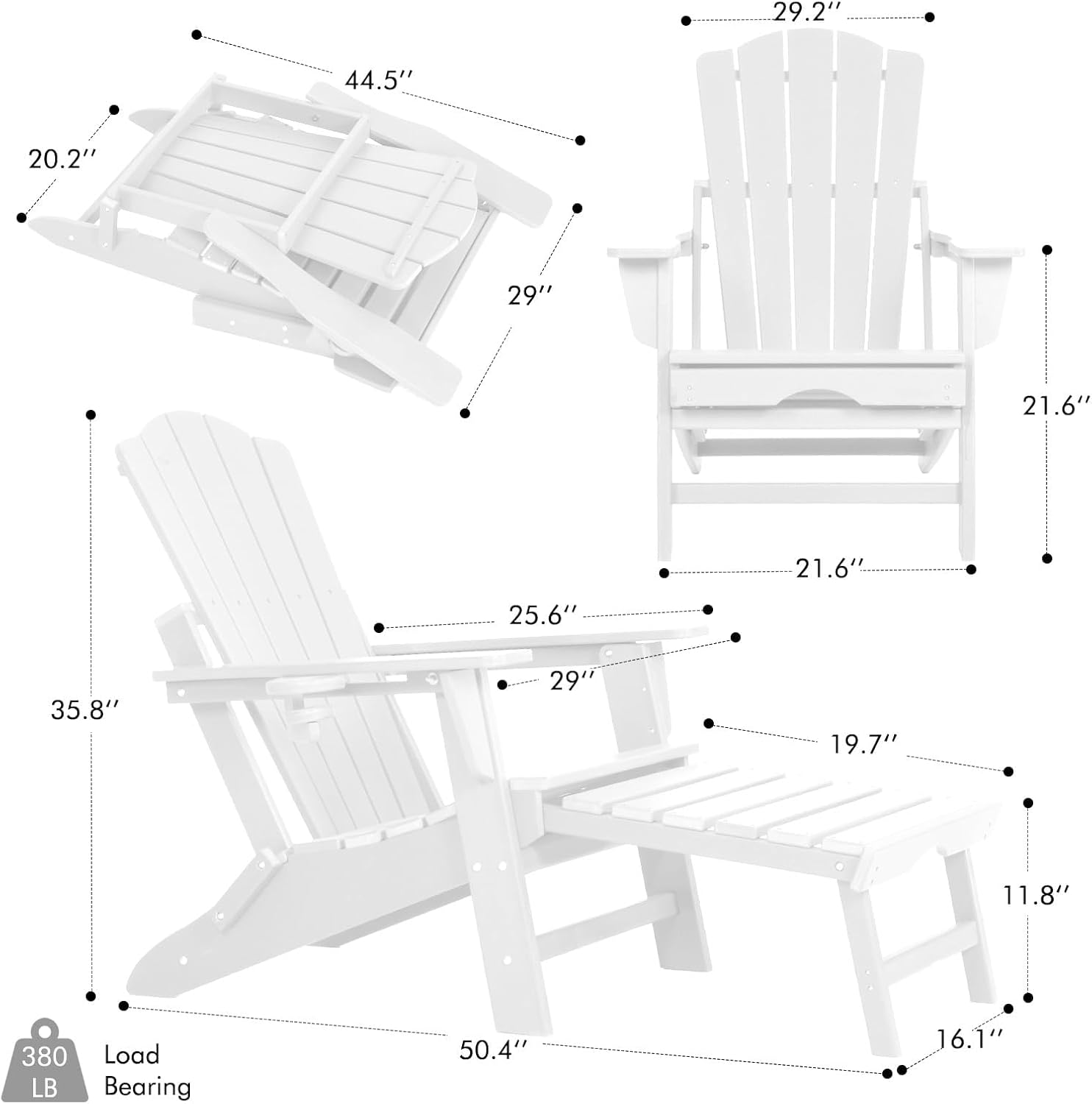LETKIND Folding Adirondack Chair with Retractable Ottoman Set of 2, All Weather Fire Pit Chairs with Cup Holder, Outdoor Chair with Ottoman,White