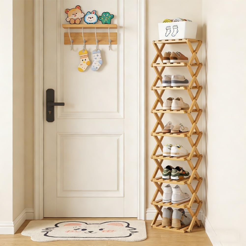 9-Tier No-Assembly Bamboo Shoe Rack, Space Stackable Multi-Storage Organizer, Strong Load-Bearing Capacity, Space-Saving, for Entryway Hallway Closet Bedroom Living Balcony, Natural eco-Friendly‌