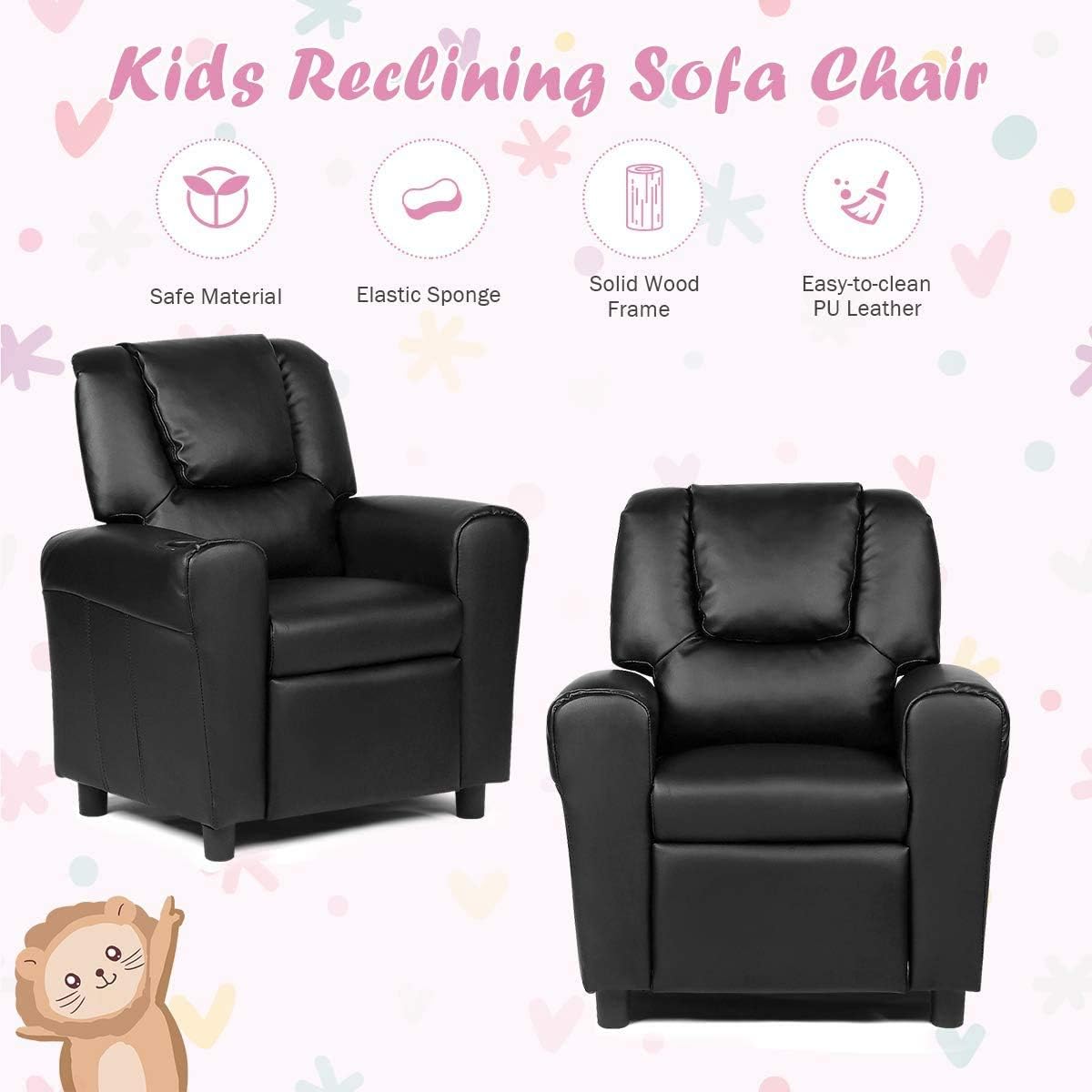 ARLIME Kids Recliner Chair, Toddler Armchair Upholstered Couch with Cup Holder, Backrest, Baby Leather Sofa with Headrest and Footrest, Child Furniture for Ages 2-7 (Black)