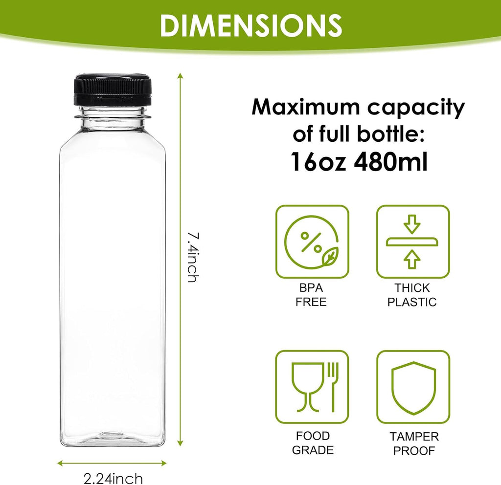 Moretoes 200pcs 16oz Plastic Juice Bottles with Caps, Clear Empty Reusable Water Bottles, Disposable Beverage Containers Bulk for Juicing Smoothies Turmeric Juice Milk and Other Beverages