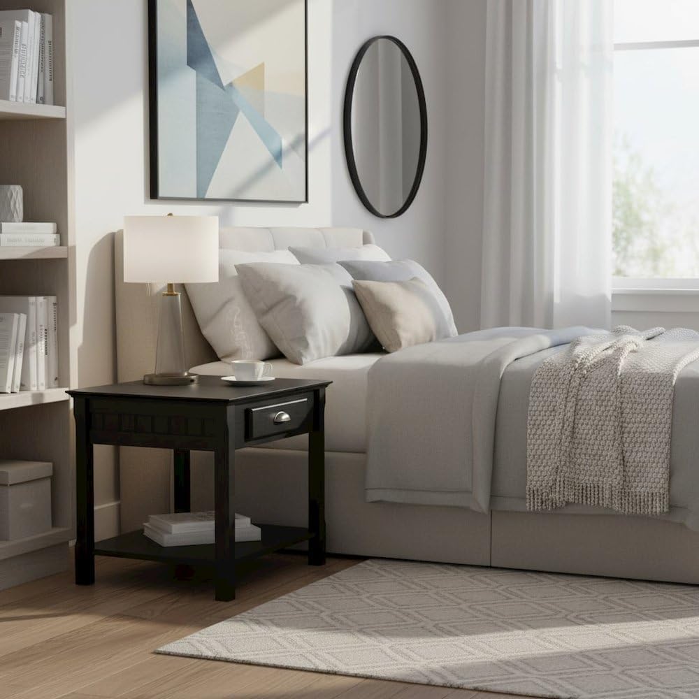 Furnifact Black End Table, Side Table with Drawer and Open Storage Shelf, Square Living Room Furniture, Solid Wood Accents