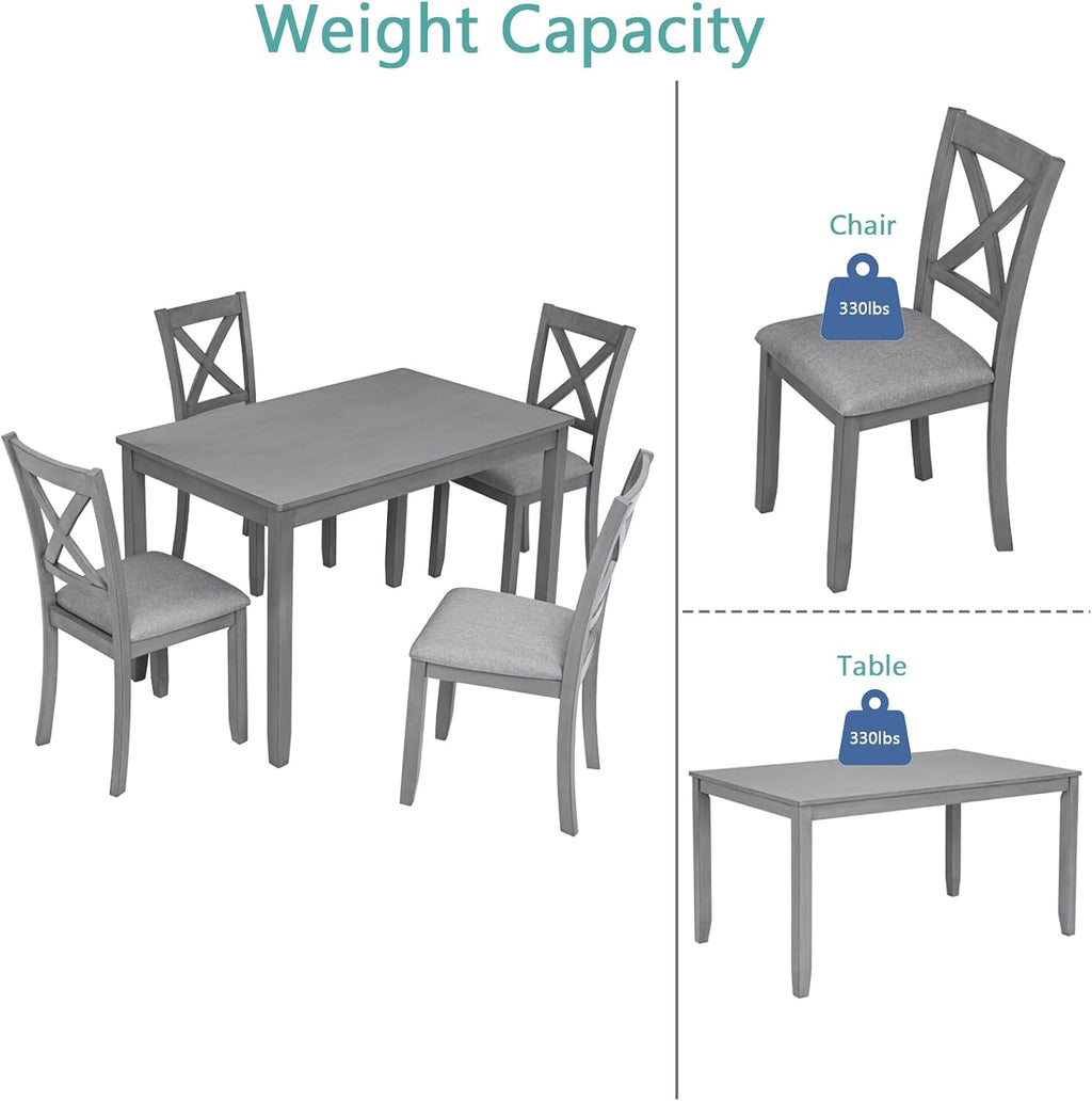 RuiSiSi 5 Piece Dining Table Set for 4, Farmhouse Kitchen Table with 4 Padded Seat Chairs, Wood 5 Piece Dinette Set Rectangular Table for Kitchen, Living Room, Gray
