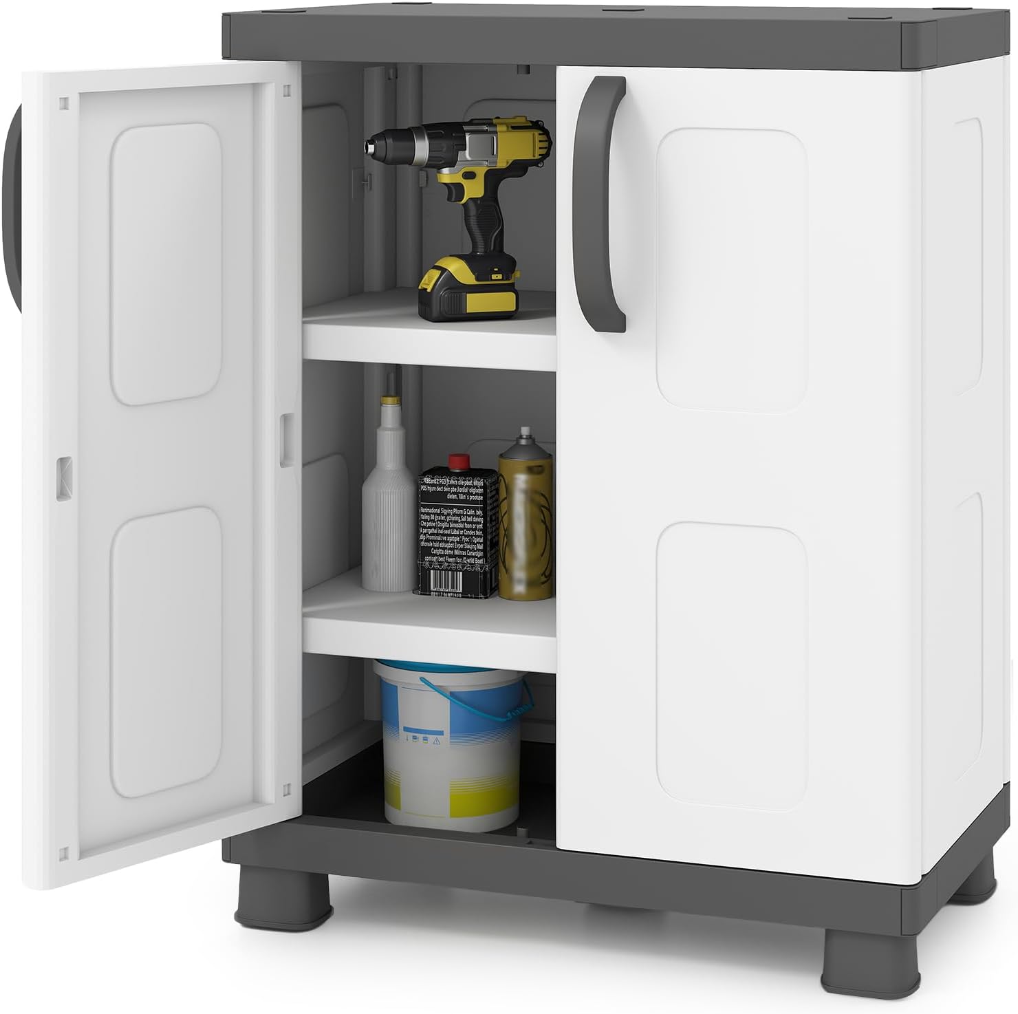 Giantex Storage Cabinet with 2 Doors and Adjustable Shelves, Modern Plastic Base Garage Organizer, Floor Sideboard for Kitchen, Dining Room, Bathroom (Wide-29"x19"x37",White+Grey)