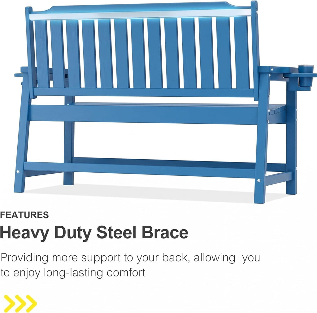 Outdoor Bench with Cup Holder Weatherproof HDPE Fade Resistant Garden Bench 660 lbs Bearing 2-Seat Front Porch Furniture for Patio, Backyard (Blue)