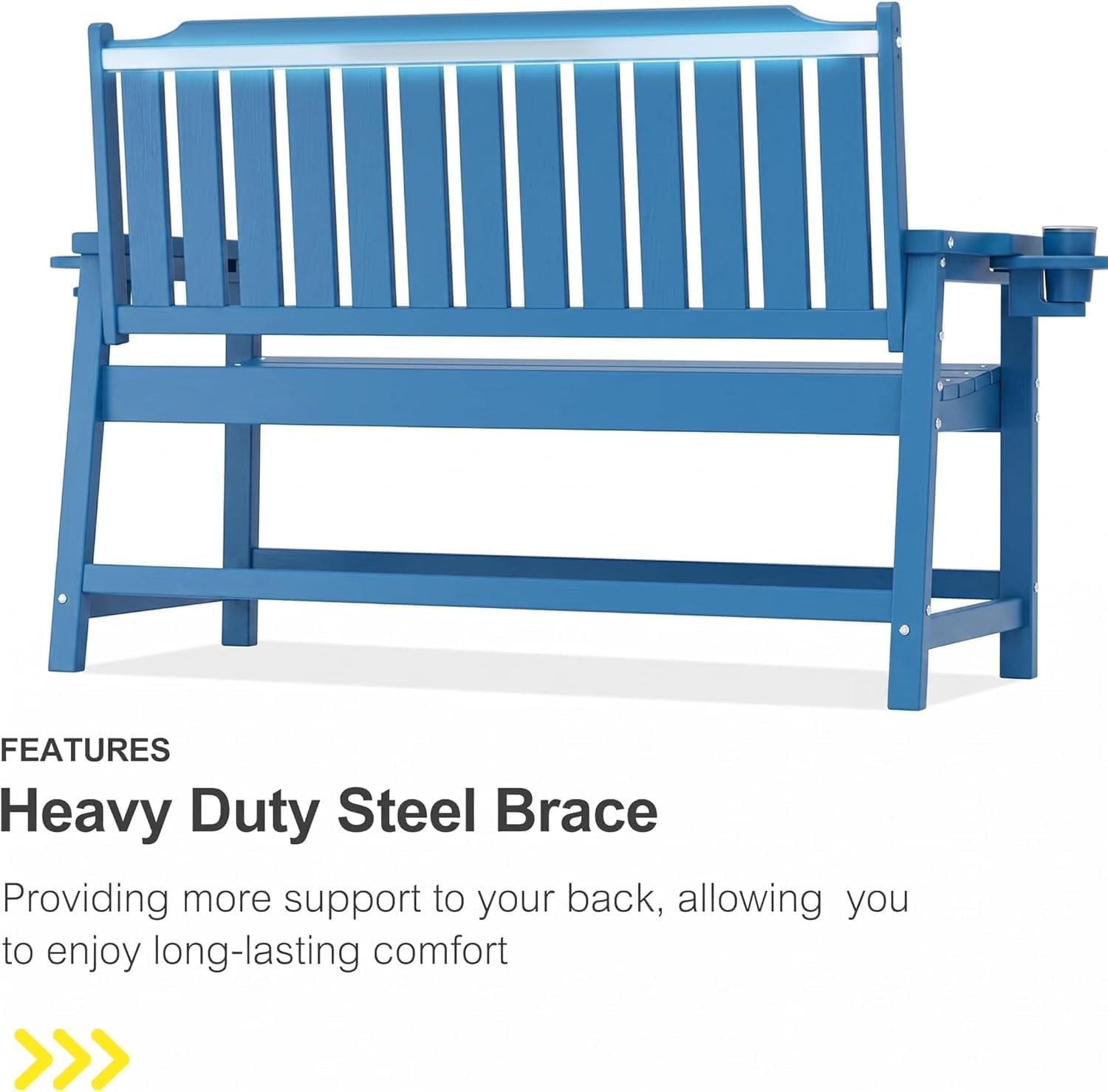 Outdoor Bench with Cup Holder Weatherproof HDPE Fade Resistant Garden Bench 660 lbs Bearing 2-Seat Front Porch Furniture for Patio, Backyard (Blue)