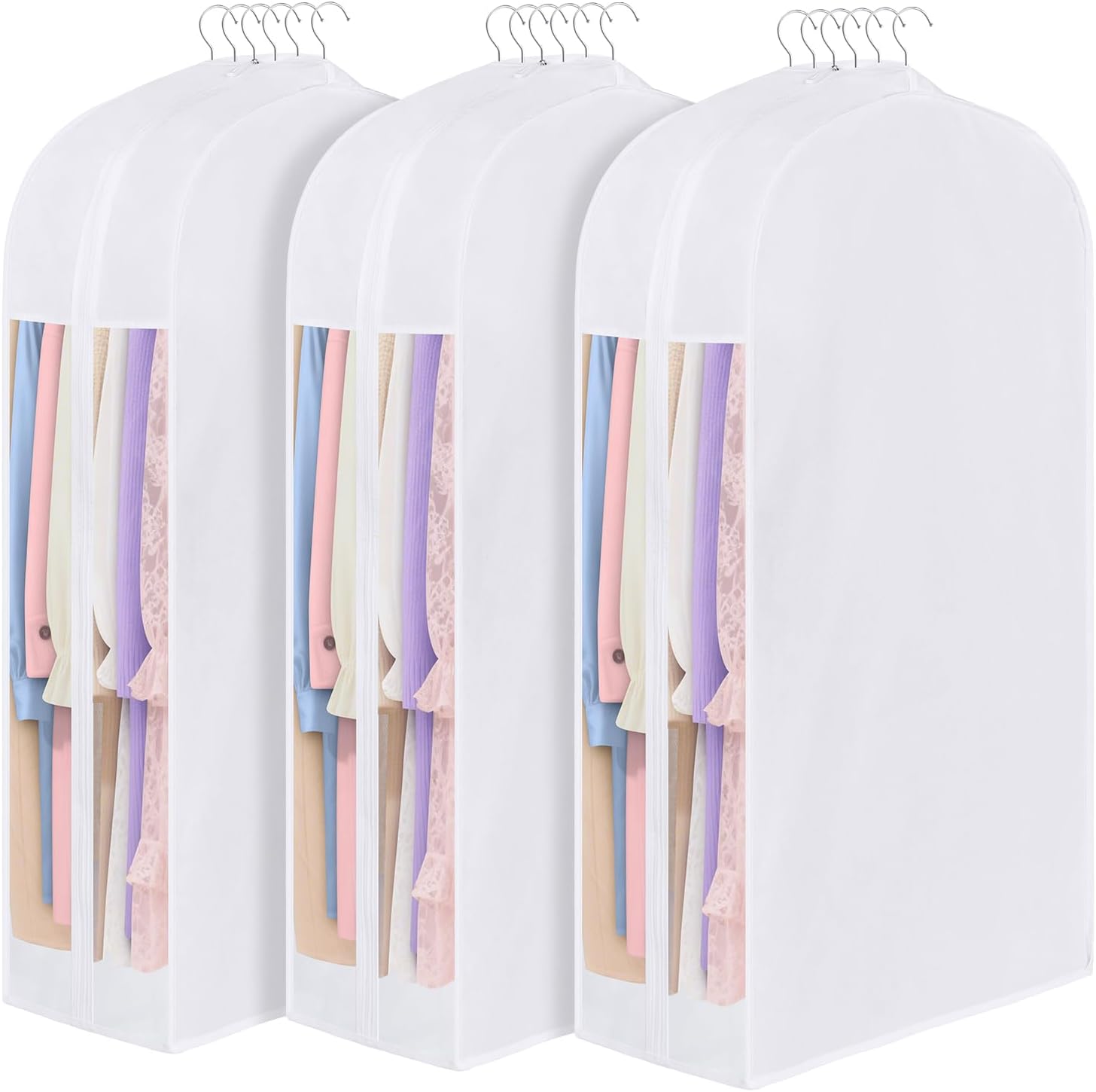 43" Premium Cotton Garment Bag for Hanging Clothes, Breathable Suit Bags for Closet Storage with Extre Large 10" Gusseted & Clear Window, Dust Cover with Zipper for Suits, Jacket, 3 Pack
