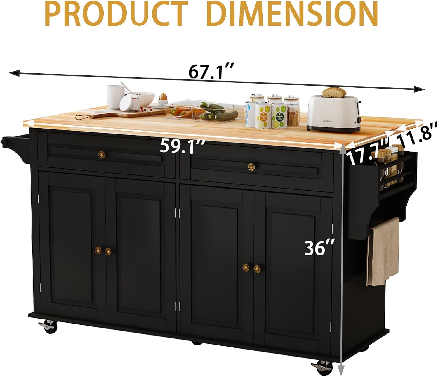 JassmiPkwy 67’’ Movable Kitchen Island with Drop Leaf and Power Outlet, Lockable Sliding Countertop Rolling Island Cart with 2 Large Drawers, Spice, Towel Rack,Black