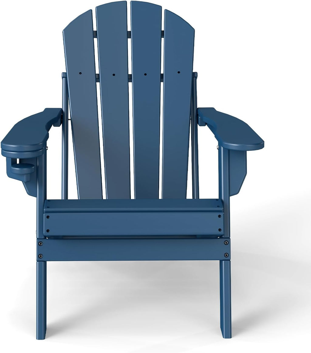 Folding Adirondack Chairs Set of 2，HDPE，Fire Pit Chair with Cup Holder,Blue