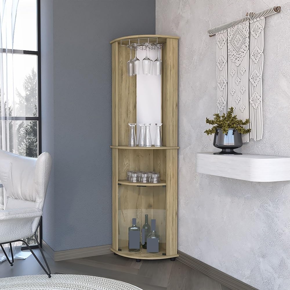 Farmhouse Rustic Corner Cabinet, Storage Locker 3-Tier Shelf with Glass Rack,for Kitchen Home