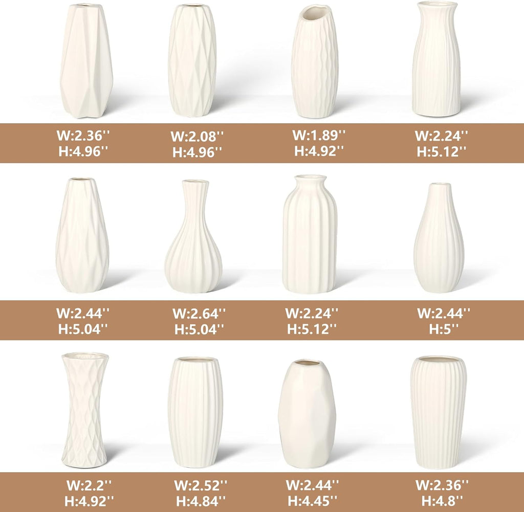BEAHOT Ceramic Bud Vase Set of 12 - Glossy White Bud Vases: Unique Glazed Mini White Centerpiece for Flowers, Weddings, DIY Floral Decor - Boho & Modern Home Table Styling, Gift Ready