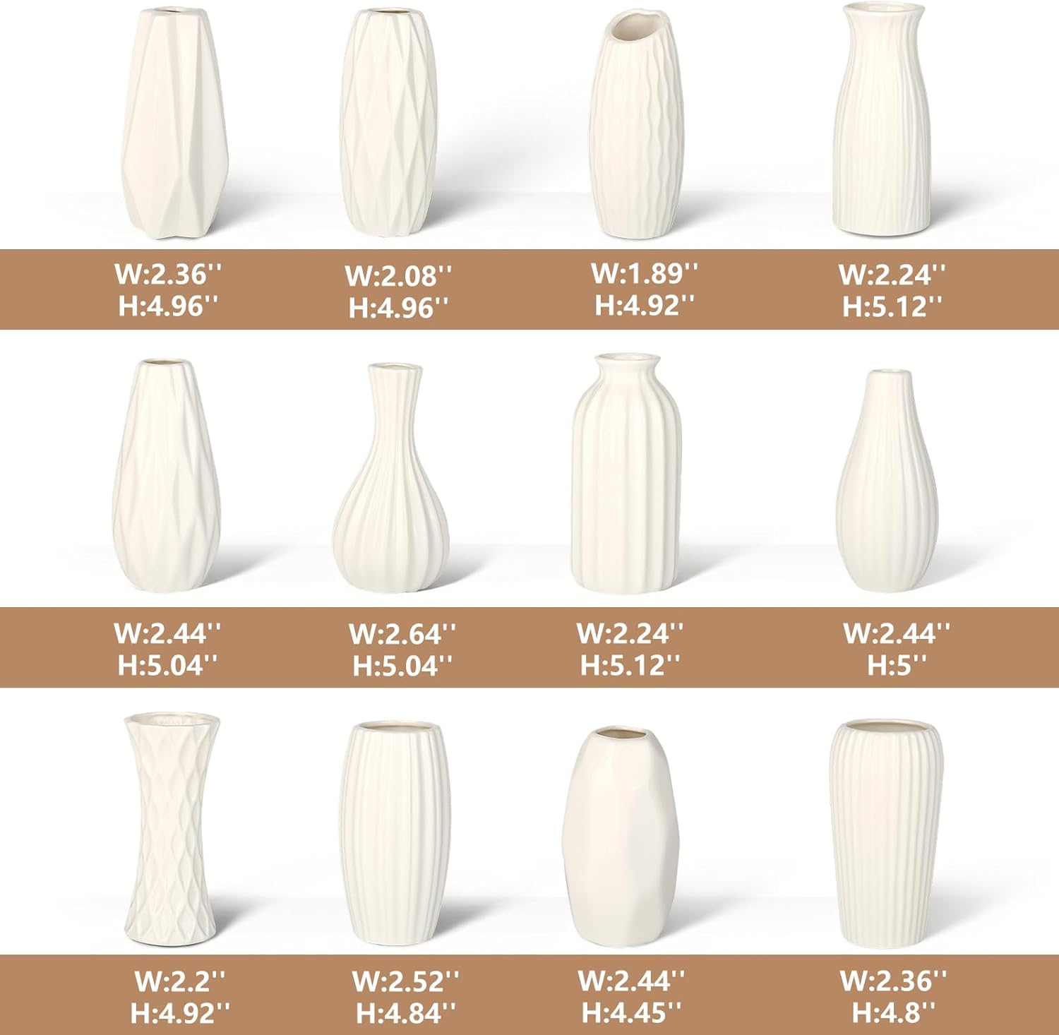 BEAHOT Ceramic Bud Vase Set of 12 - Glossy White Bud Vases: Unique Glazed Mini White Centerpiece for Flowers, Weddings, DIY Floral Decor - Boho & Modern Home Table Styling, Gift Ready