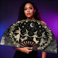 Large Folding Hand Fan, Black, Dancing Witches Design, Moon and Stars Theme, Halloween Costume Accessory